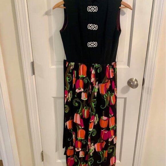 Stunning Vintage 70’s Hostess Dress Black Lily of the Valley Silky Slit Skirt - Picture 3 of 9